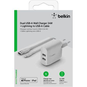 Foto: Belkin Dual USB-A Ladegerät, 24W incl. Lightning Kabel 1m, weiß
